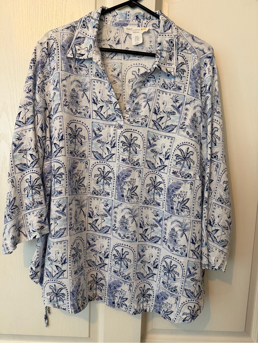C&C California White 100% Linen Shirt with Blue Tropical Print 2X